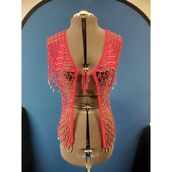 Handmade Red Beaded Open Front Capelet Shawl With Fringe Detailing - Picture 1 of 3
